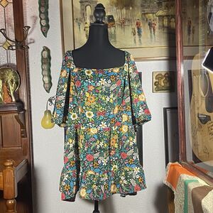 Green Floral Short Sleeve Shirred Square Neck Blouse Women's Plus Size 22 BLOOM